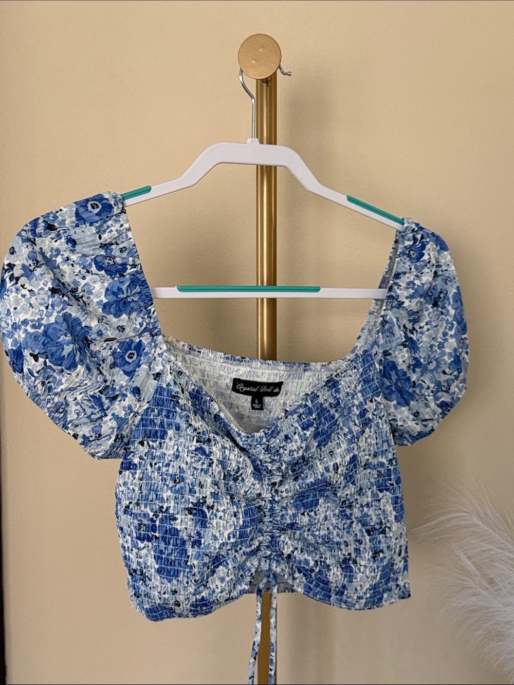 Crystal Doll Blue & White Floral Smocked Puff-Sleeve Crop Top